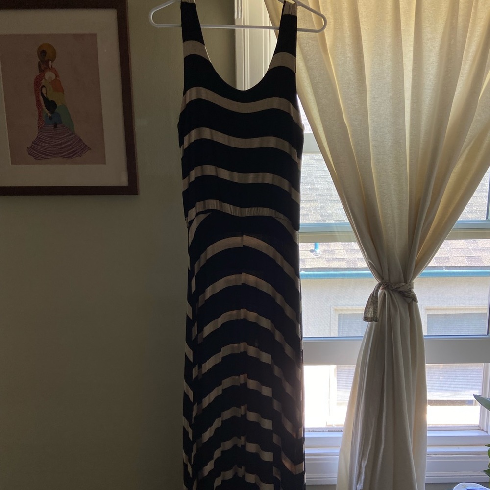 Black and cream striped maxi dress by Reneec.